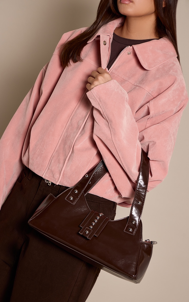 Chocolate Plum Crinkle Faux Leather Dome Stud Shoulder Bag image 1