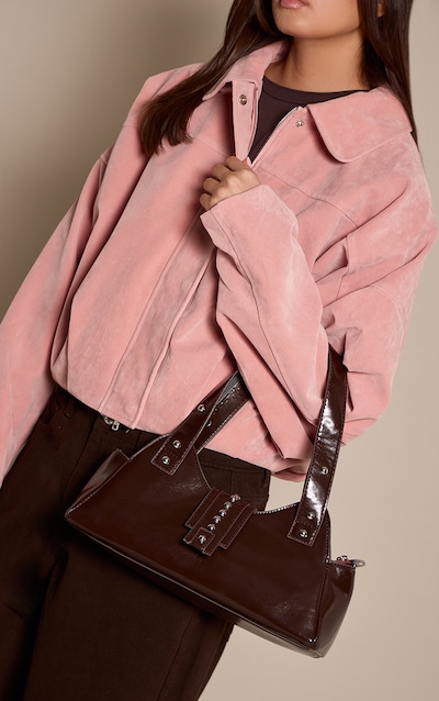 Chocolate Plum Crinkle Faux Leather Dome Stud Shoulder Bag