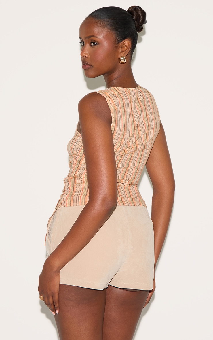 Orange Linen Look Striped Ruched Wrap Front Top image 2