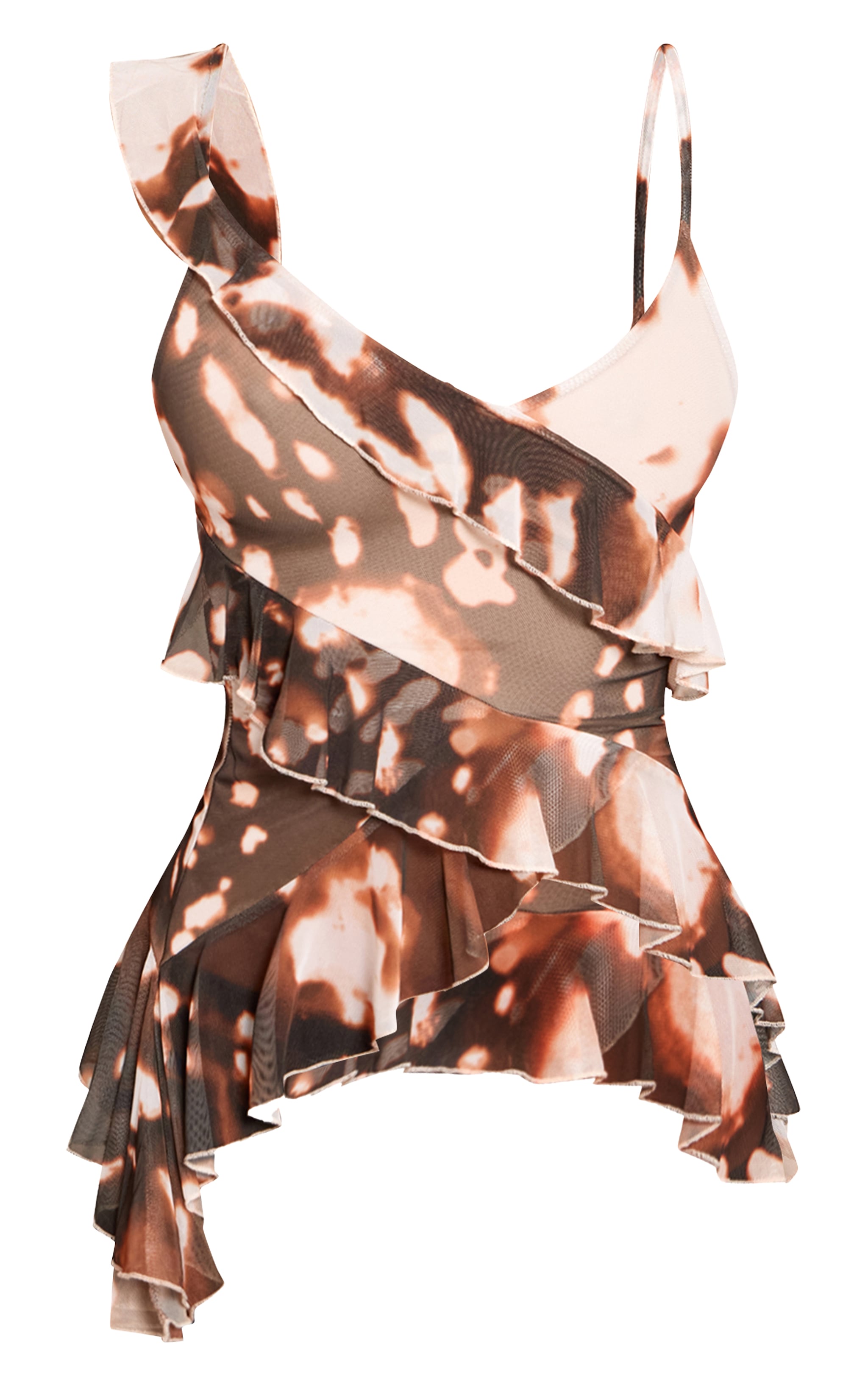 Brown Abstract Print Mesh Ruffle Detail Cami Top image 5