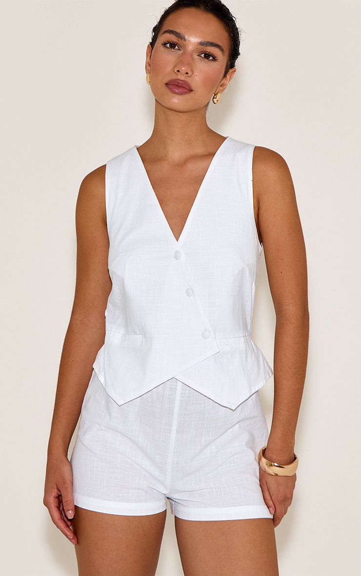 Cream Linen Look Tailored Asymmetric Vest Romper image 1