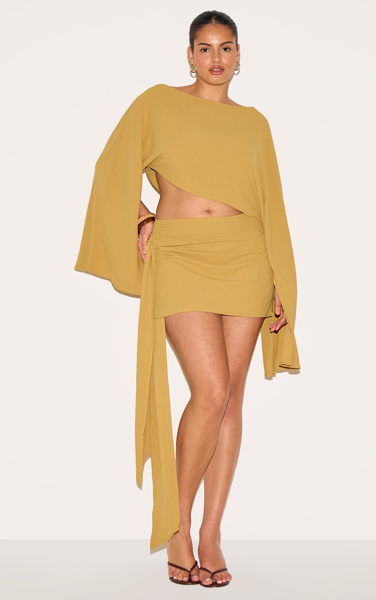 Plus Deep Mustard Floaty Woven Slash Neck Long Sleeve Top image 3