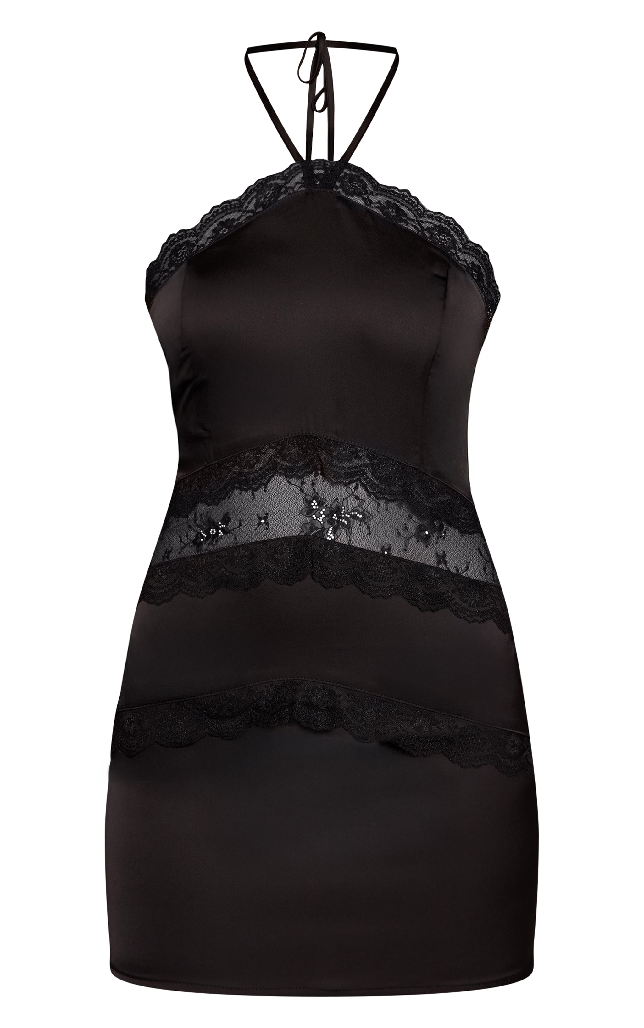 Black Satin Halter Neck Lace Detail Mini Dress image 5