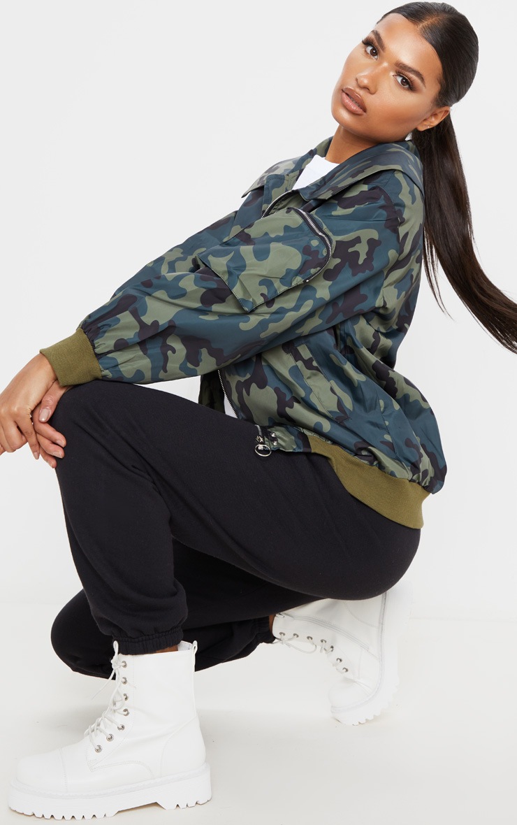 Green Camo Print Collar Zip Up Longline Bomber