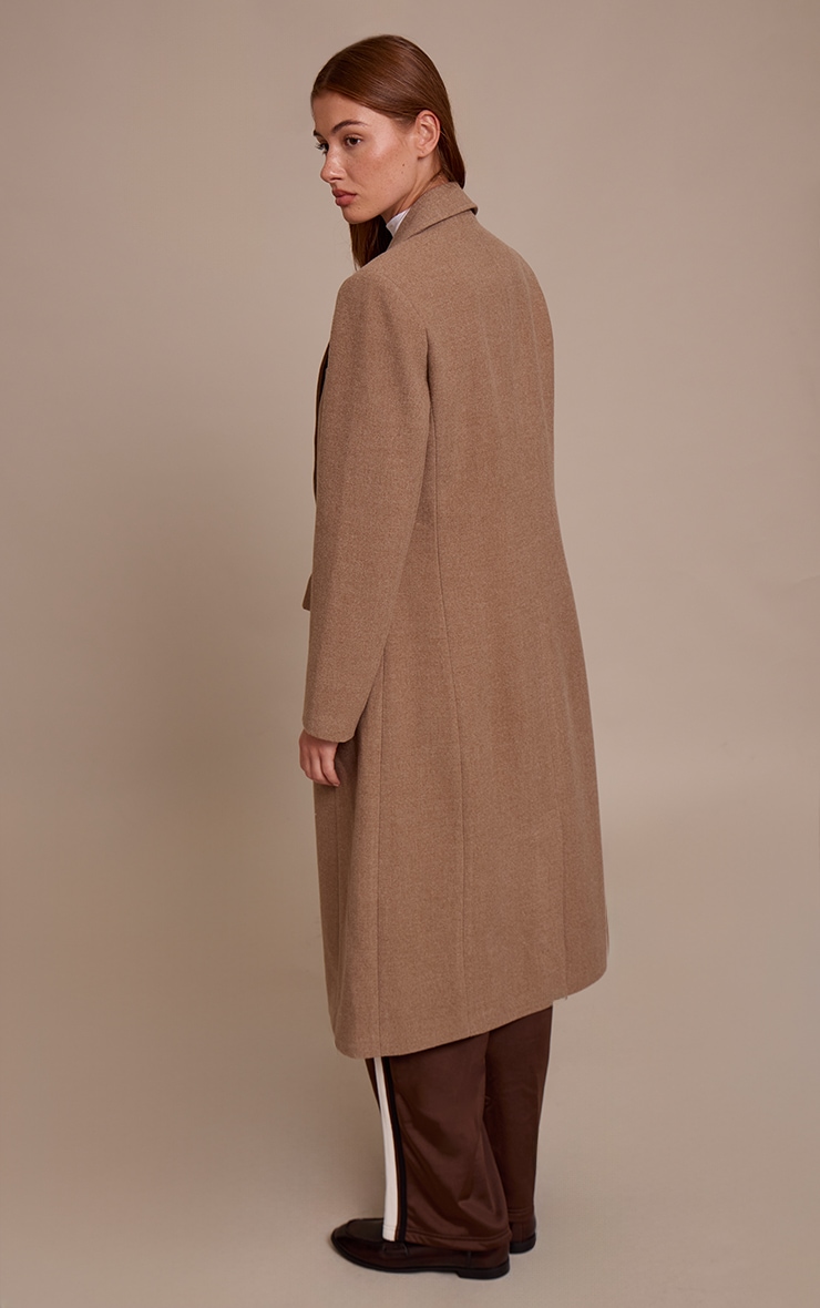 Taupe Single Breasted Seam Detail Wool Look Maxi Coat image 2