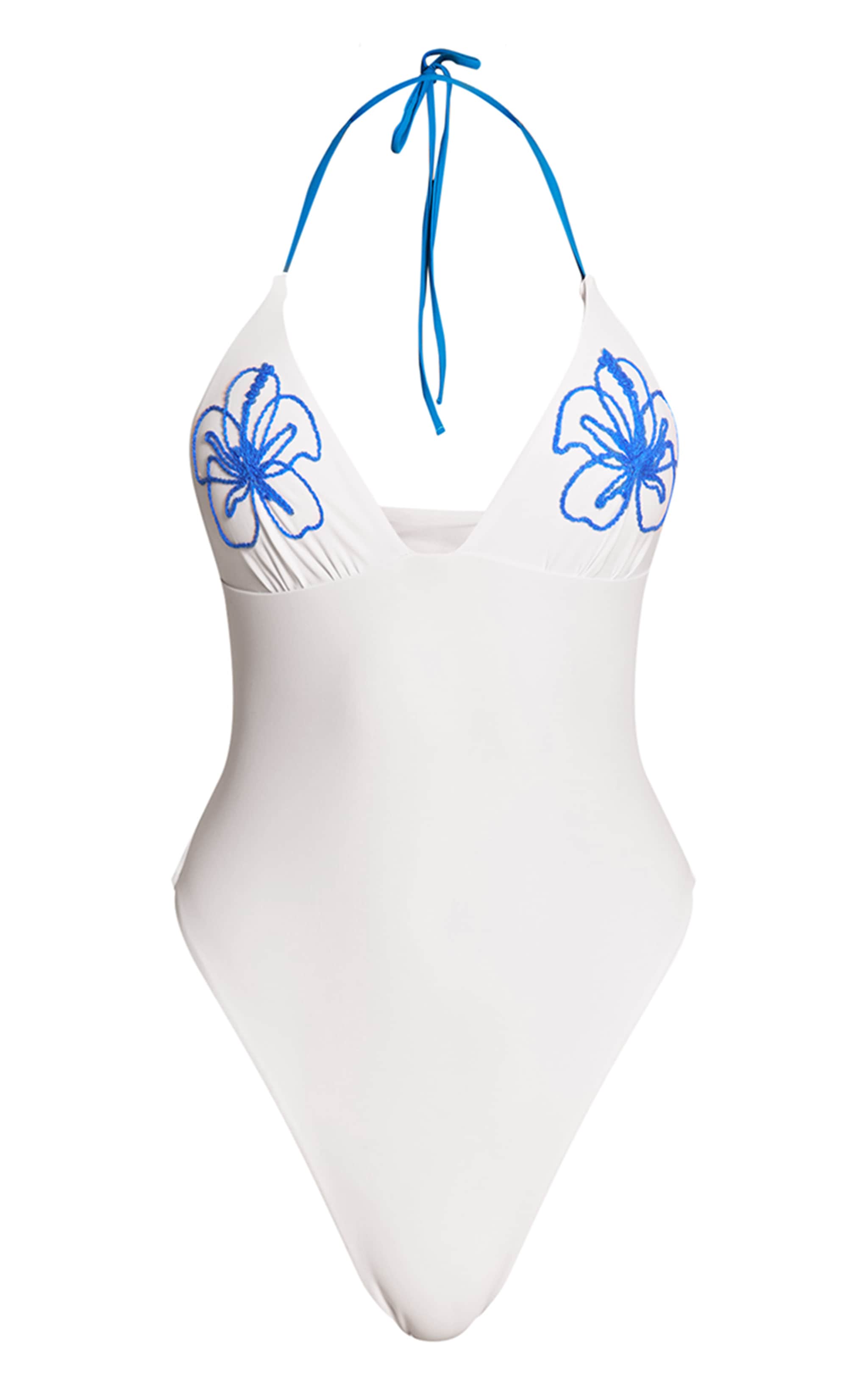 White Contrast Embroidered Plunge Swimsuit image 5