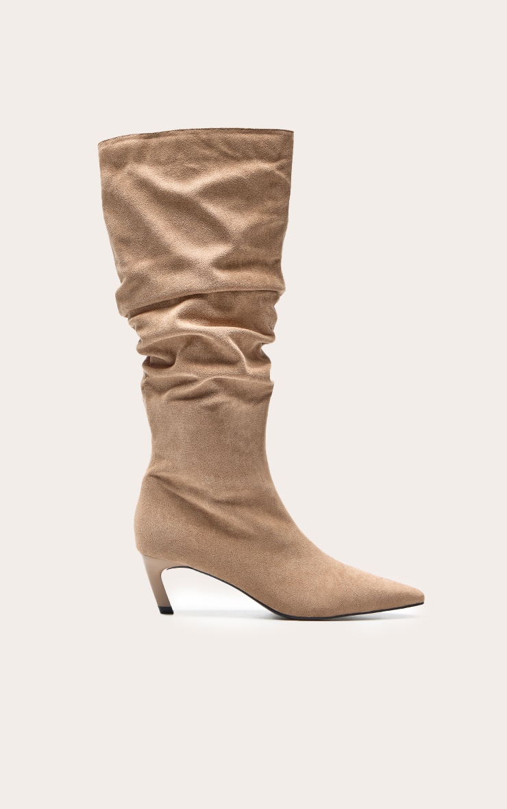 Stone Faux Suede Heeled Knee High Scrunch Boot image 2