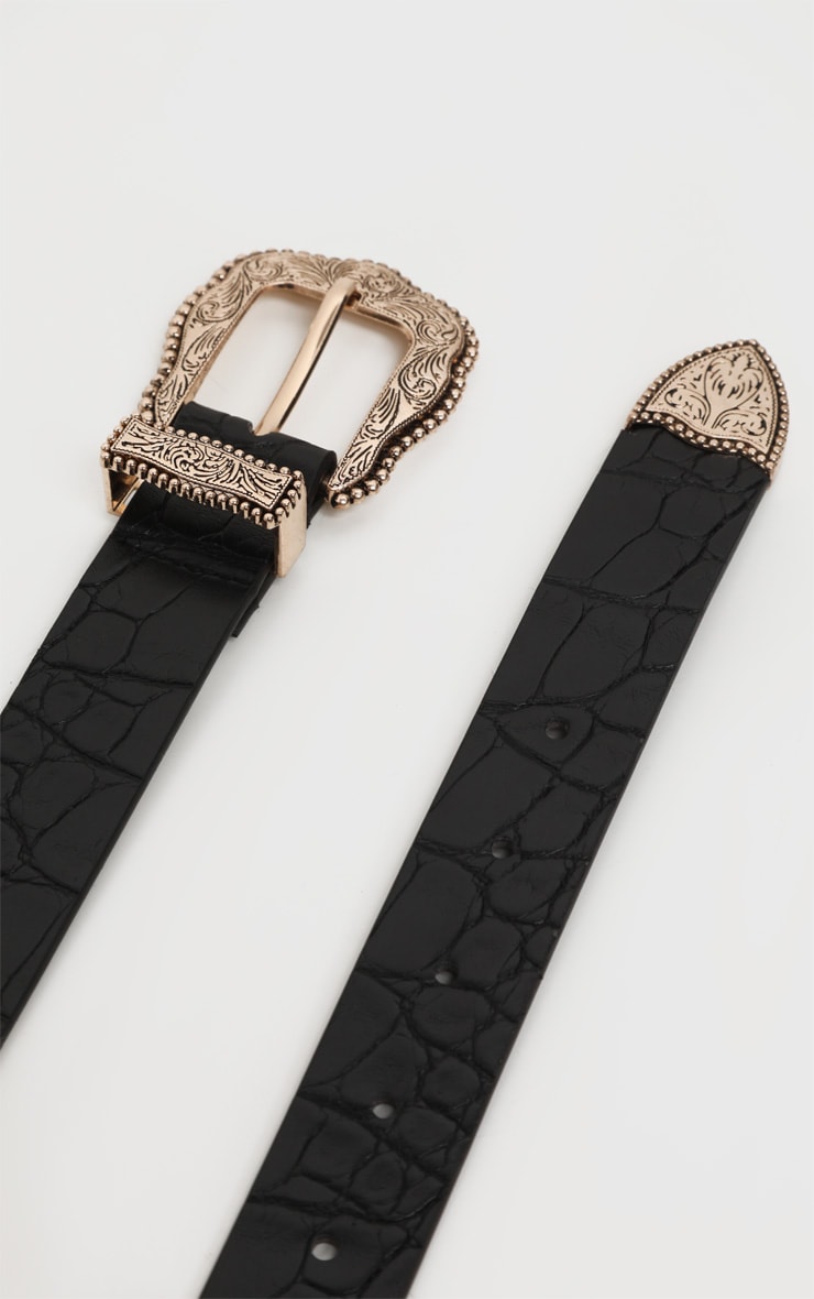Black Croc Vintage Silver Buckle Western Belt