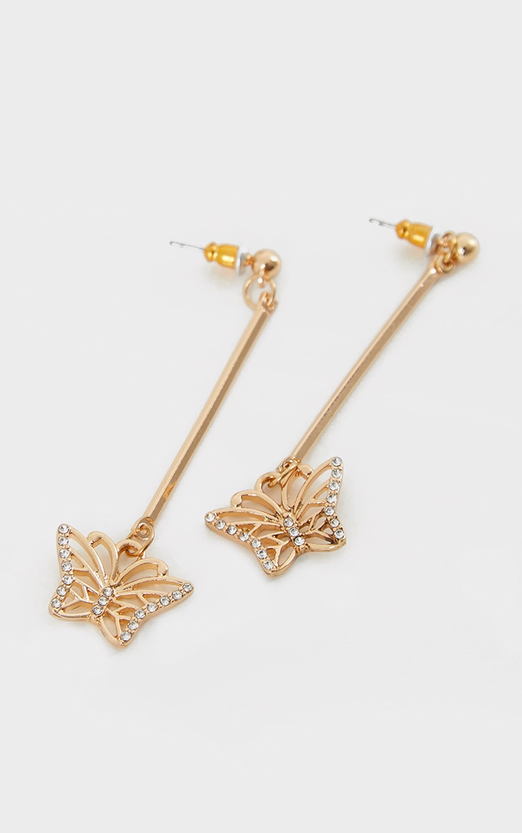 Gold Diamante Butterfly Drop Earrings