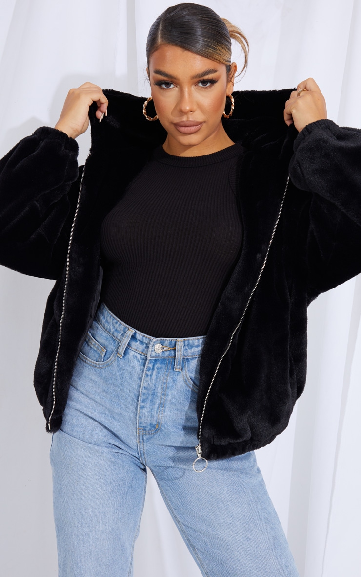 Black Faux Fur Balloon Sleeve Hooded Jacket