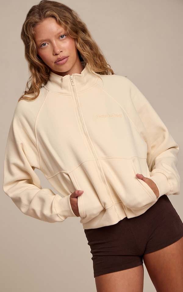 Cream Seam Detail Zip Up Fleeceback Jacket