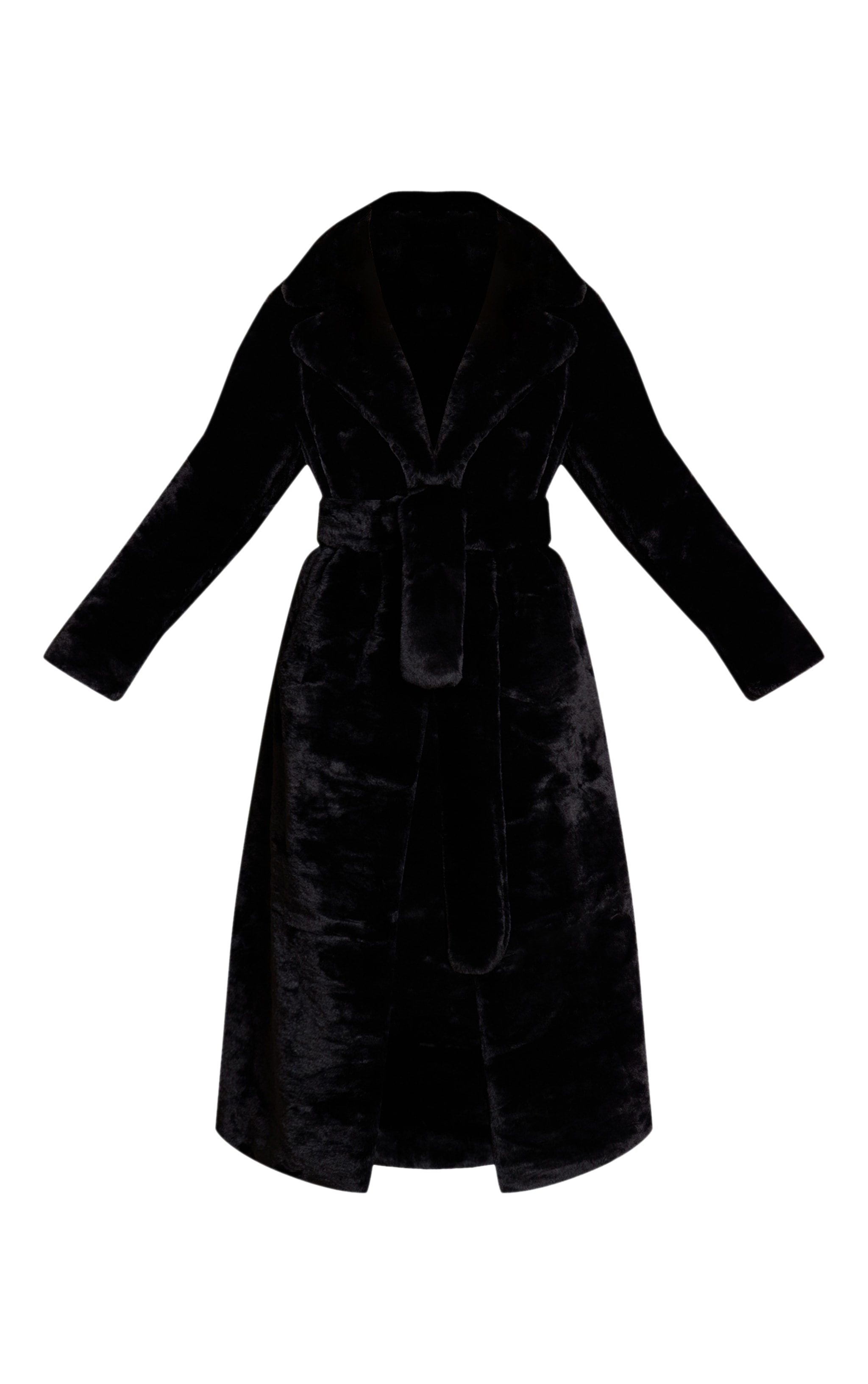 Manteau long en fausse fourrure noire à taille nouée image 5