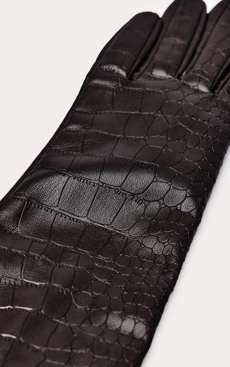 Chocolate Croc Faux Leather Long Gloves image 3
