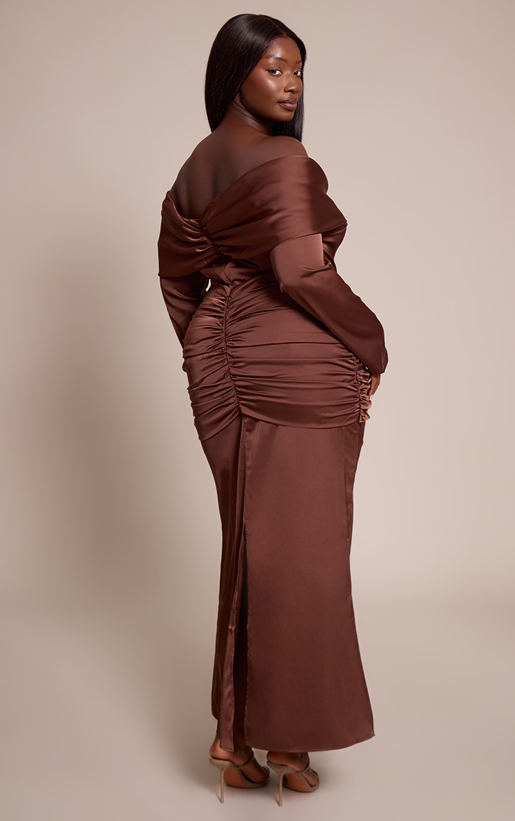 Plus Chocolate Satin Ruched Detail Off Shoulder Maxi Dress image 2