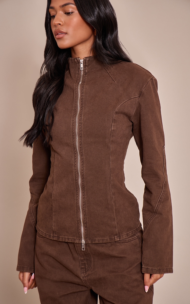 Tall Chocolate Seam Detail High Neck Fitted Jacket image 1
