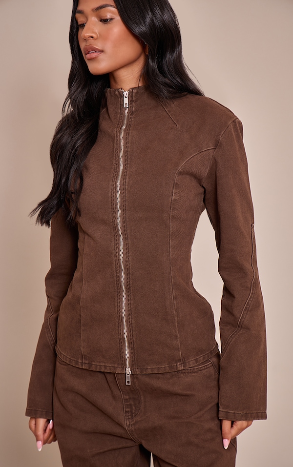 Tall Chocolate Seam Detail High Neck Fitted Jacket