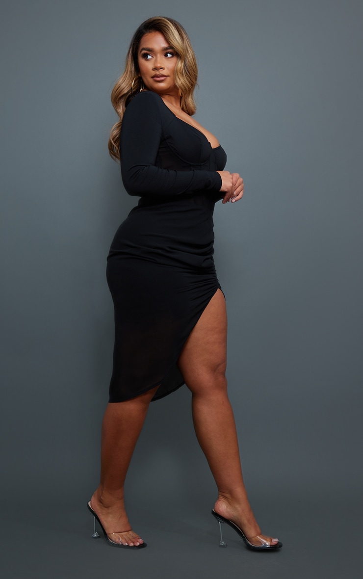Shape Black Corset Detail Long Sleeve Ruched Midi Dress image 3