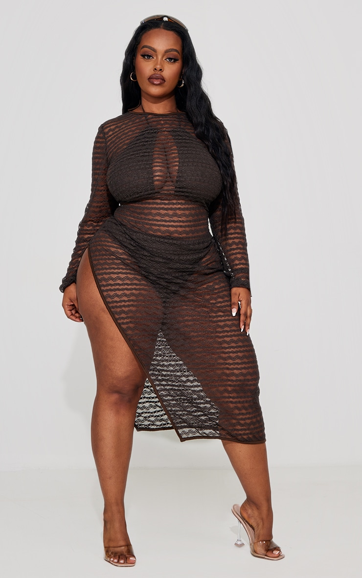 Plus Chocolate Lace Mesh Maxi Beach Dress image 1