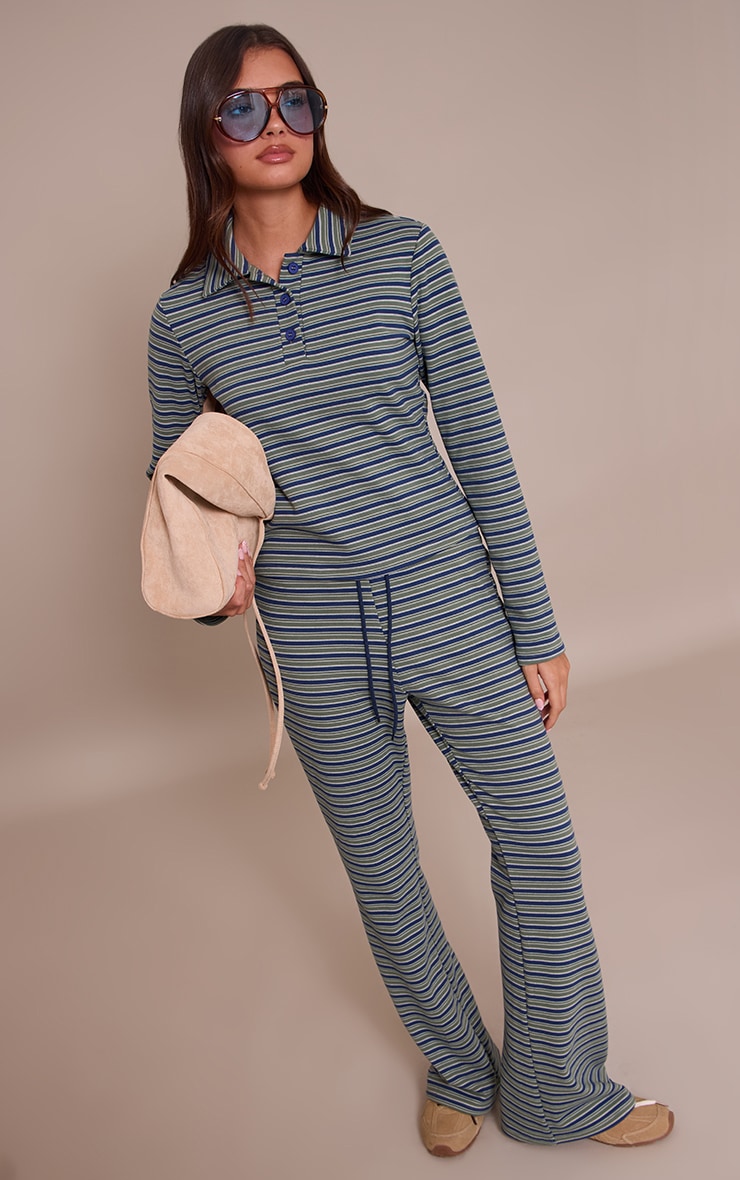 Green Soft Fleece Pinstripe Collar Detail Long Sleeve Top  image 3