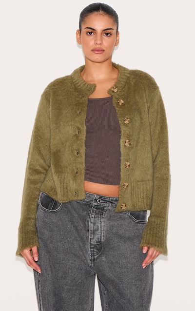 Plus Khaki Eyelash Knitted Cardigan