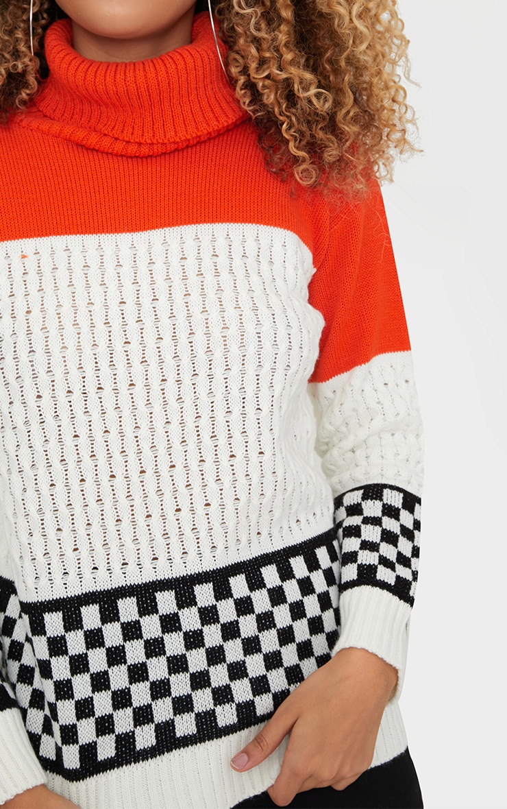 Orange Checkboard Colourblock Jumper PrettyLittleThing