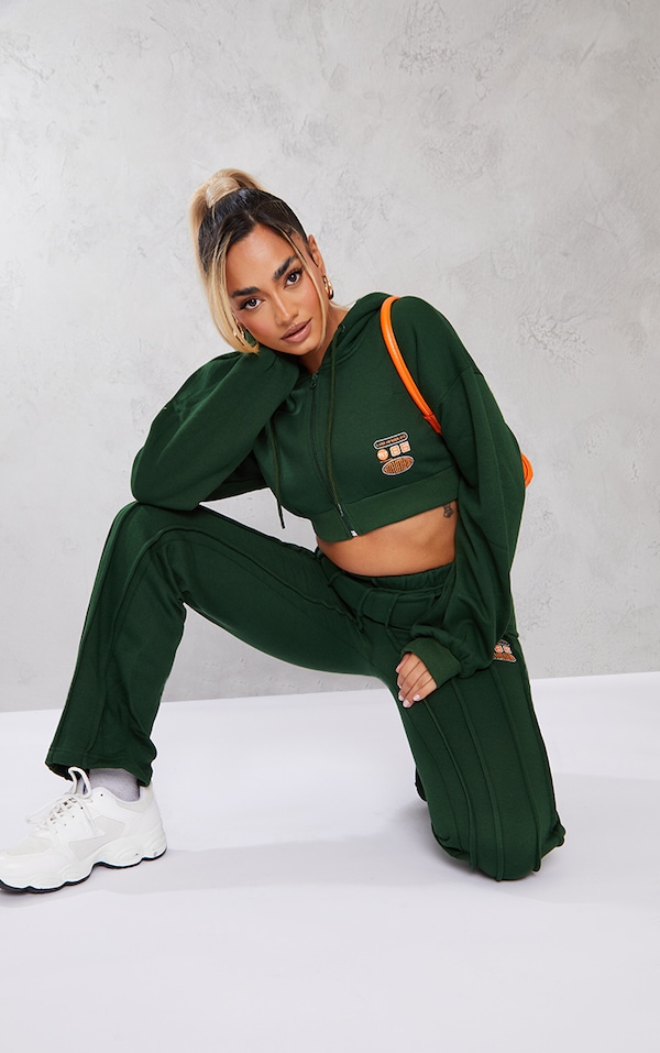 Petite Green Cropped Zip Up Slogan Hoodie image 1