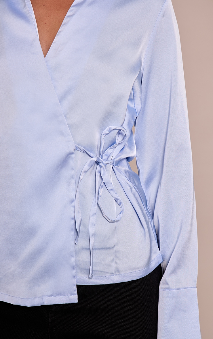 Blue Satin Tie Waist Detail Slouchy Shirt image 4