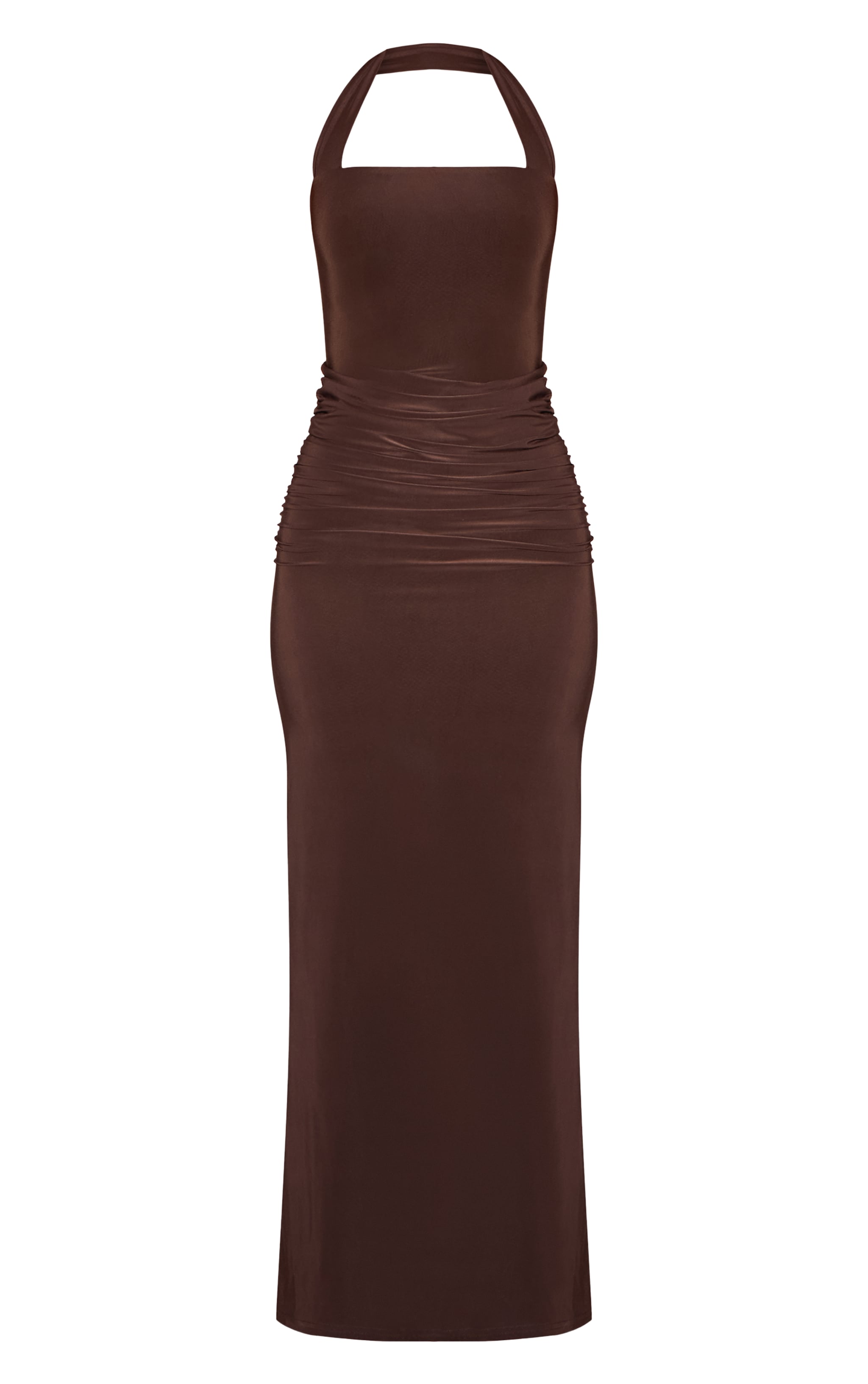 Chocolate Double Layer Slinky Square Halterneck Drape Detail Maxi Dress image 5