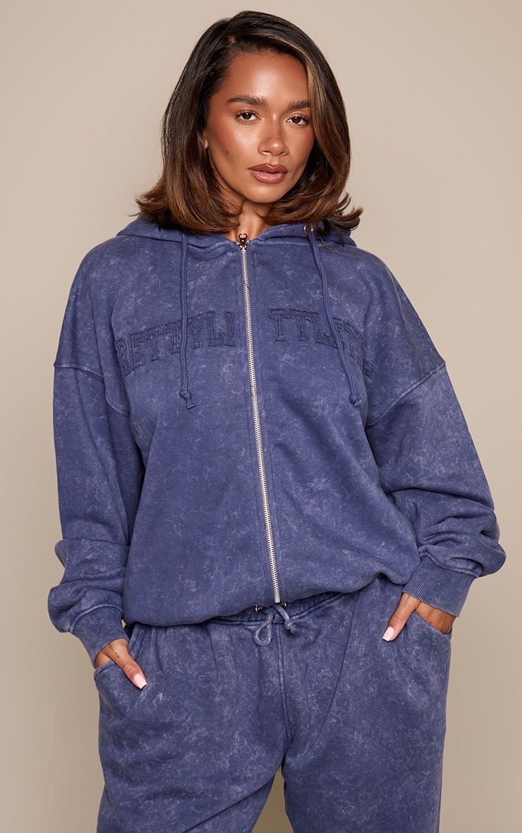 PRETTYLITTLETHING Shape Navy Embroidery Washed Zip Through Hoodie image 1