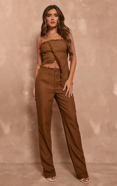 Chocolate Textured Woven Raw Hem Low Rise Straight Leg Pants