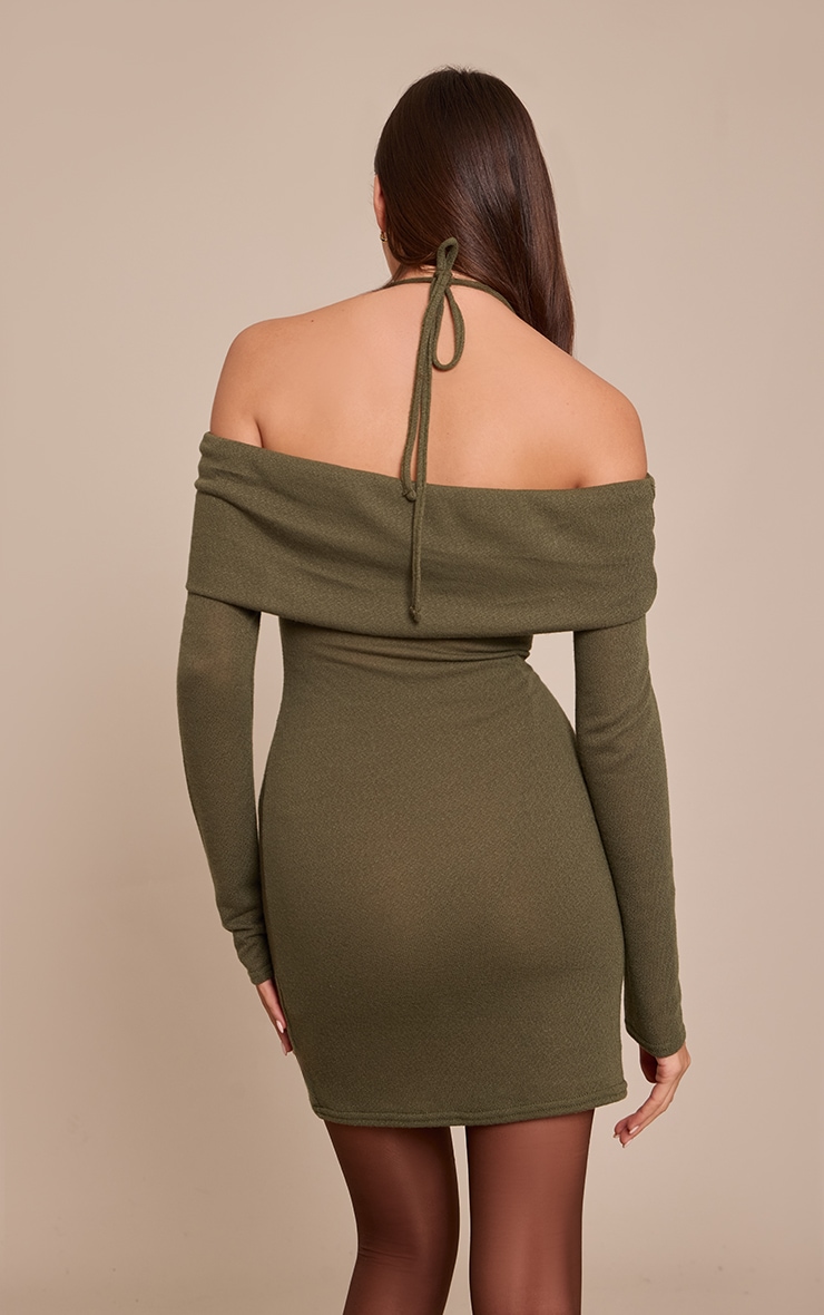 Khaki Textured Jersey Bardot Mini Dress image 2