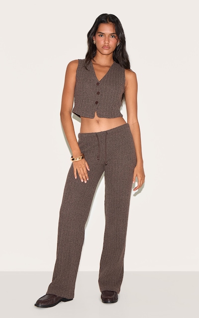 Chocolate Distressed Textured Rib Low Rise Drawstring Wide Leg Pants