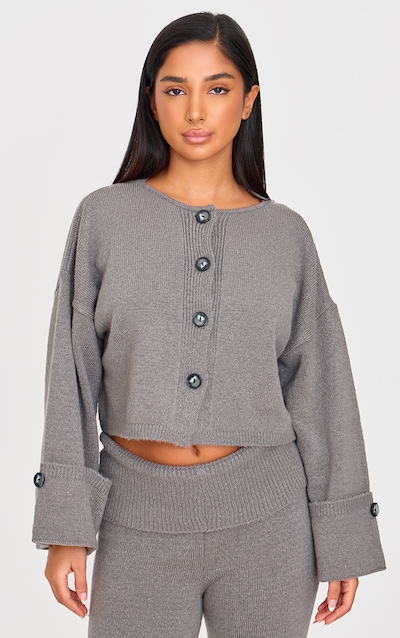 Petite Ash Grey Knitted Turn Up Sleeve Cardigan