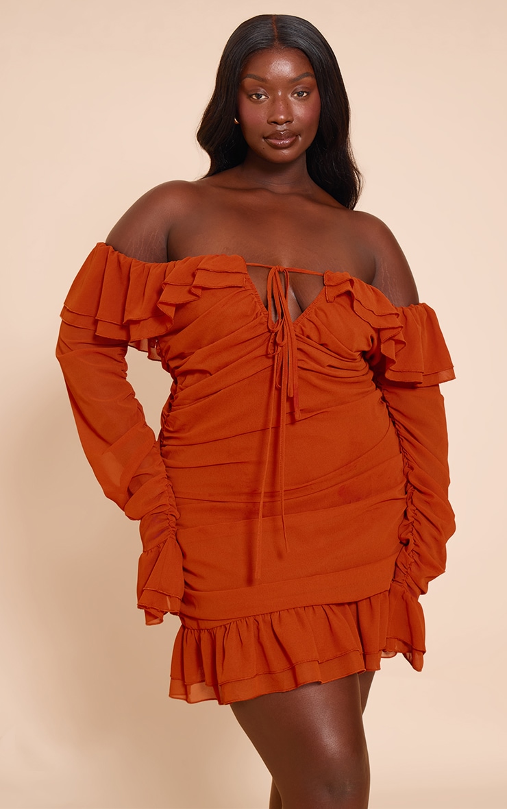 Plus Rust Bardot Ruffle Detail Shift Dress image 1