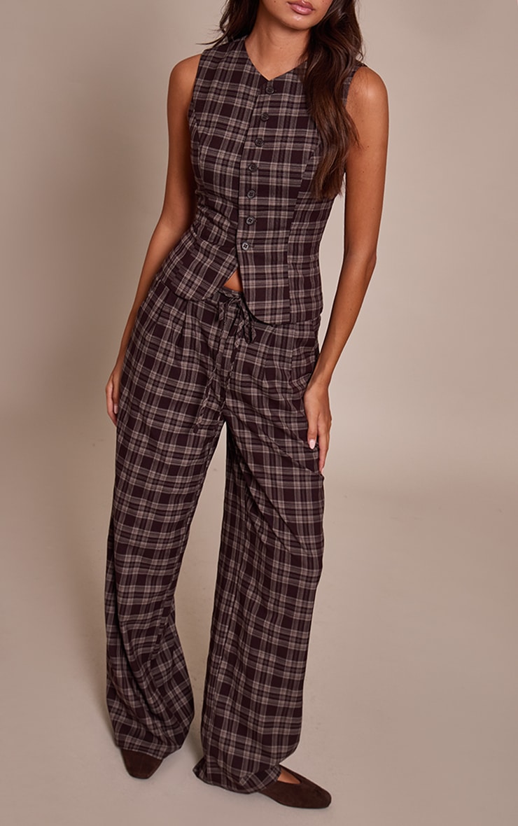 Chocolate Brown Check Print Tailored Tie Detail Woven Wide Leg Pants image 2
