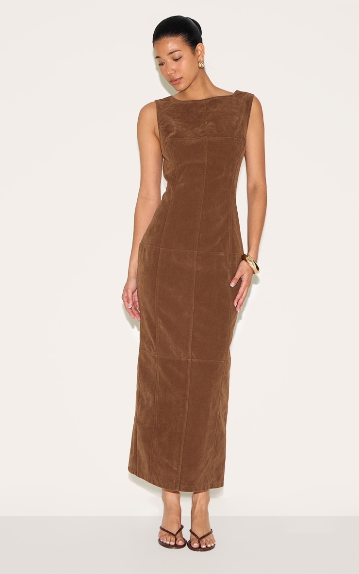 Chestnut Faux Suede Boat Neck Backless Maxi Dress image 1