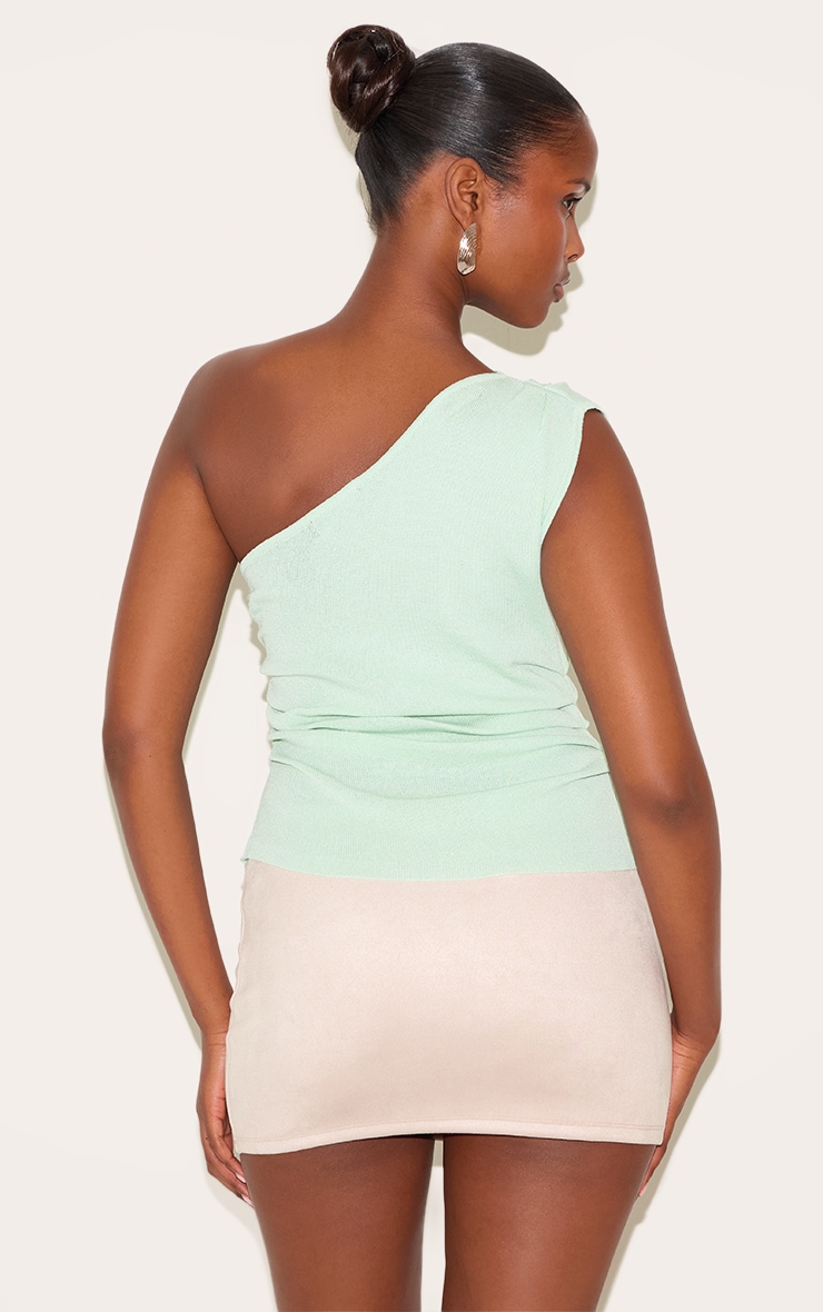 Mint Green Fine Knit One Shoulder Ruched Side Top image 2