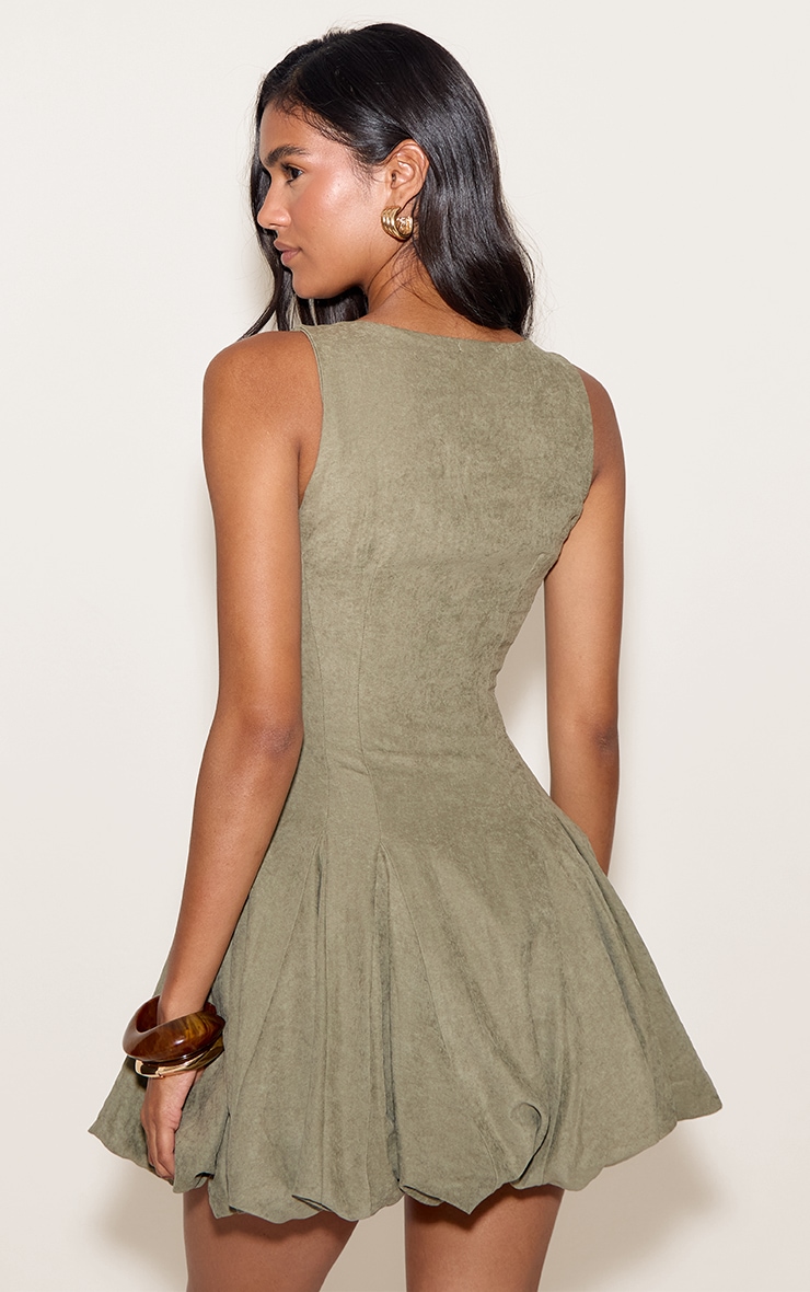 Khaki Textured Scoop Neck Puffball Dress image 2
