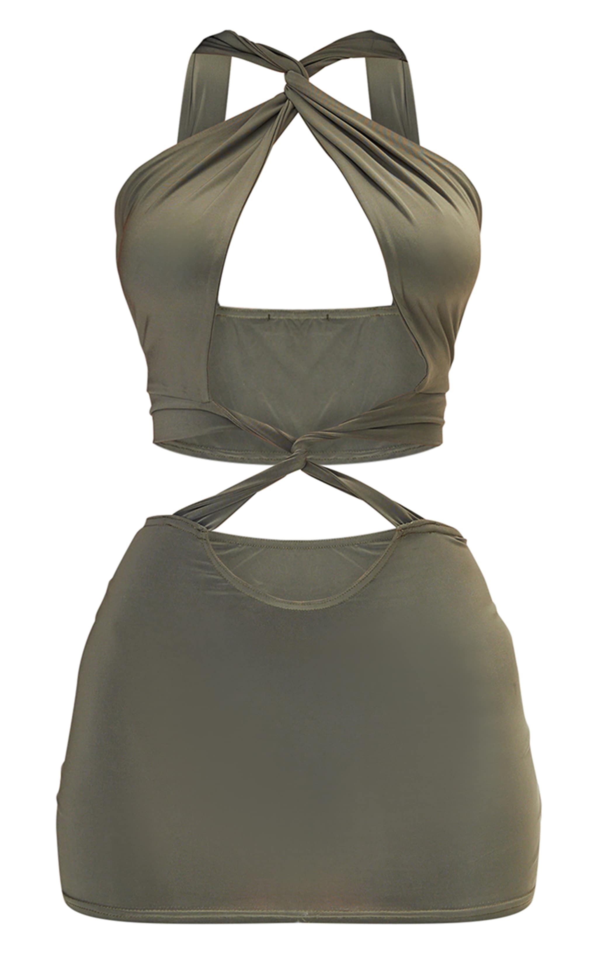 Petite Dark Khaki Cut Out Halterneck Mini Dress image 5