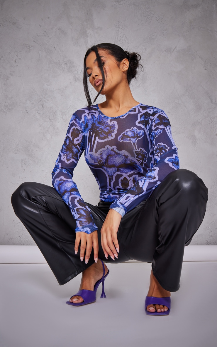 Dark Purple Flower Print Mesh High Leg Bodysuit image 3