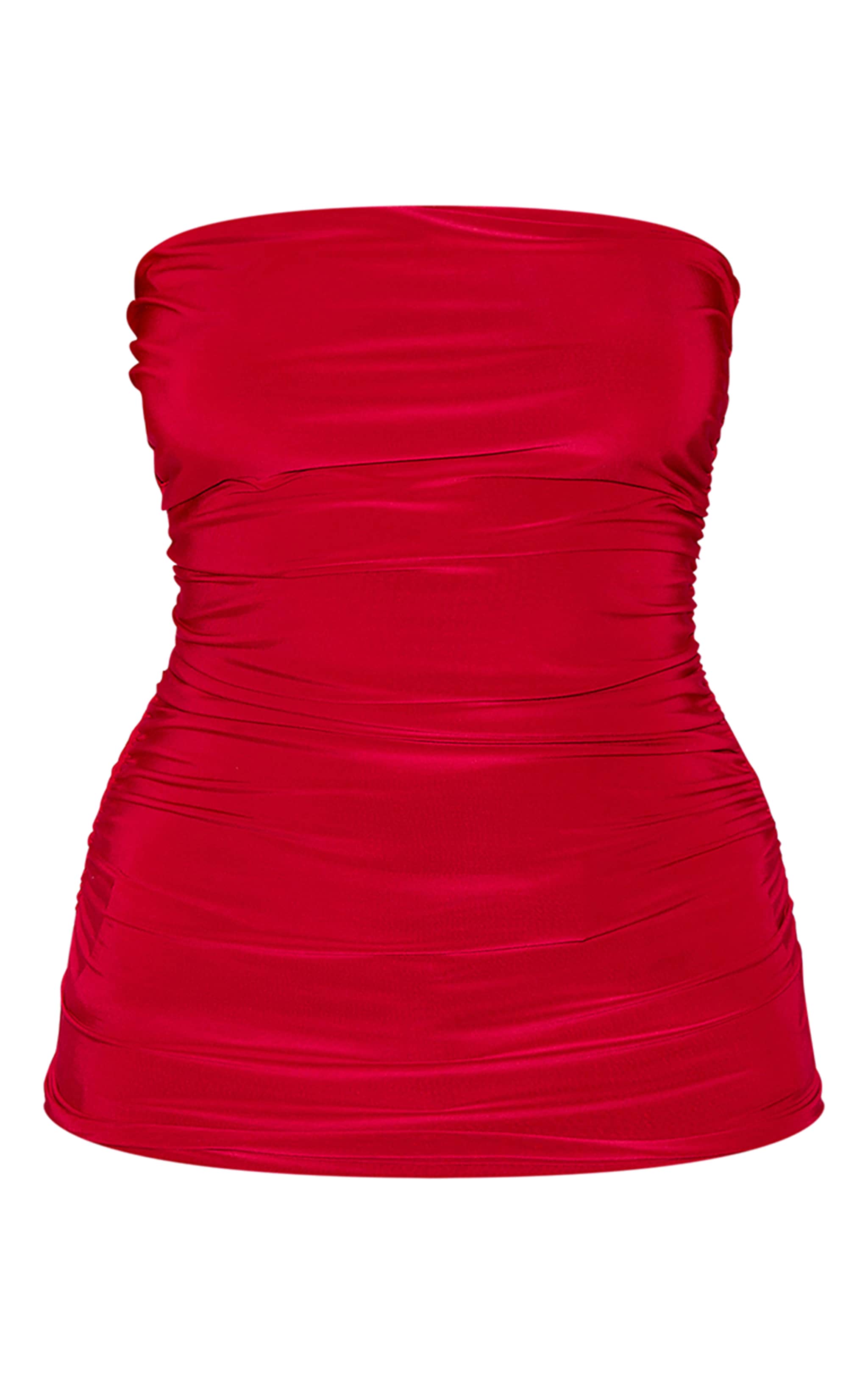 Tomato Red Double Layer Slinky Ruched Bandeau Longline Top image 5