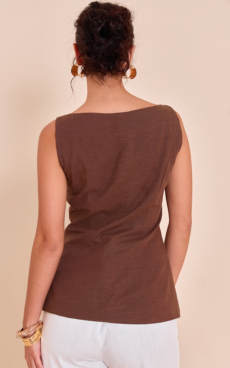 Chocolate Square Neck Linen Look Longline Waistcoat image 2