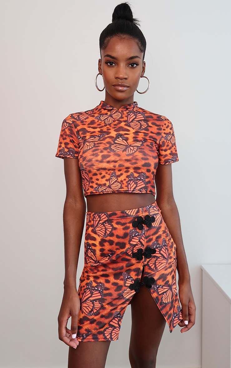 Orange Leopard Butterfly Print High Neck Short Sleeve Crop Top