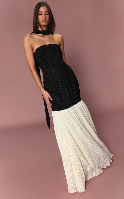 Monochrome Satin Plisse Neck Detail Maxi Dress