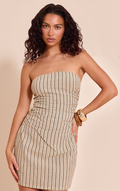 Mini robe bustier droite gris pierre froncée à rayures