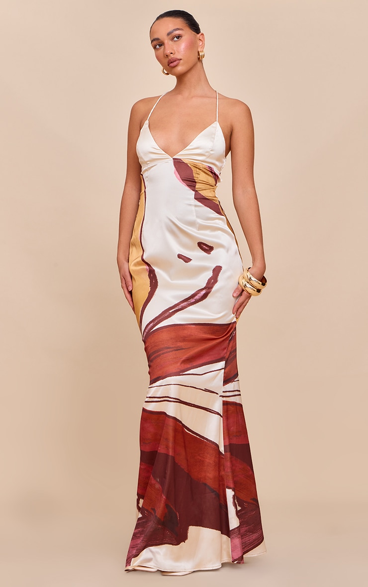 Beige Floral Print Satin Tie Back Maxi Dress image 1