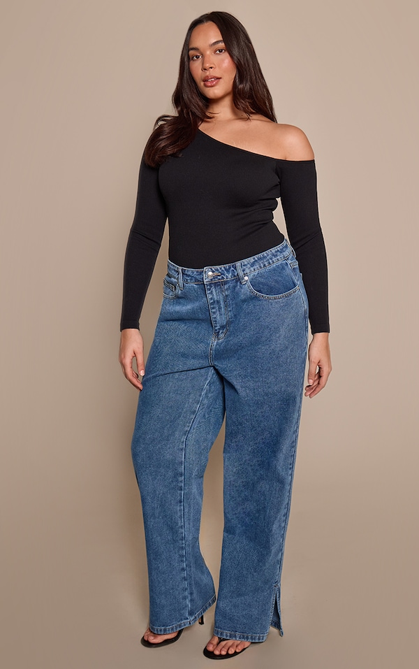 Plus Vintage Wash Split Hem Straight Leg Jeans