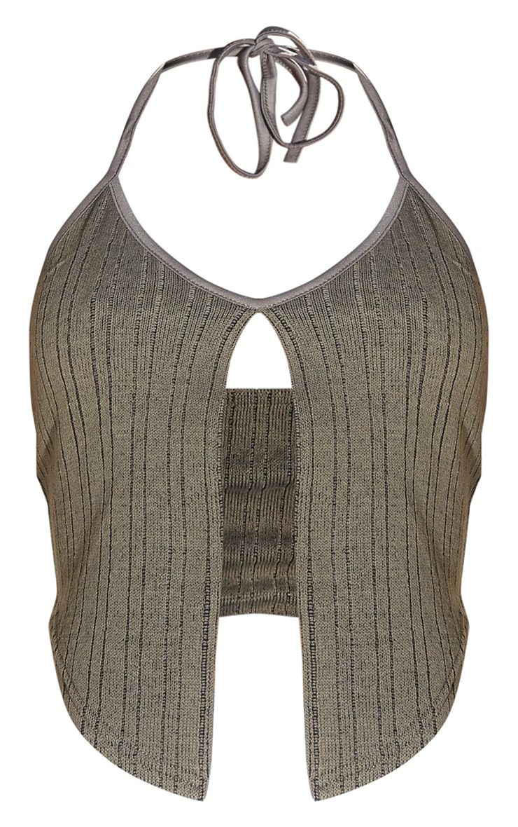 Khaki Textured Split Hem Halter Crop Top | Tops