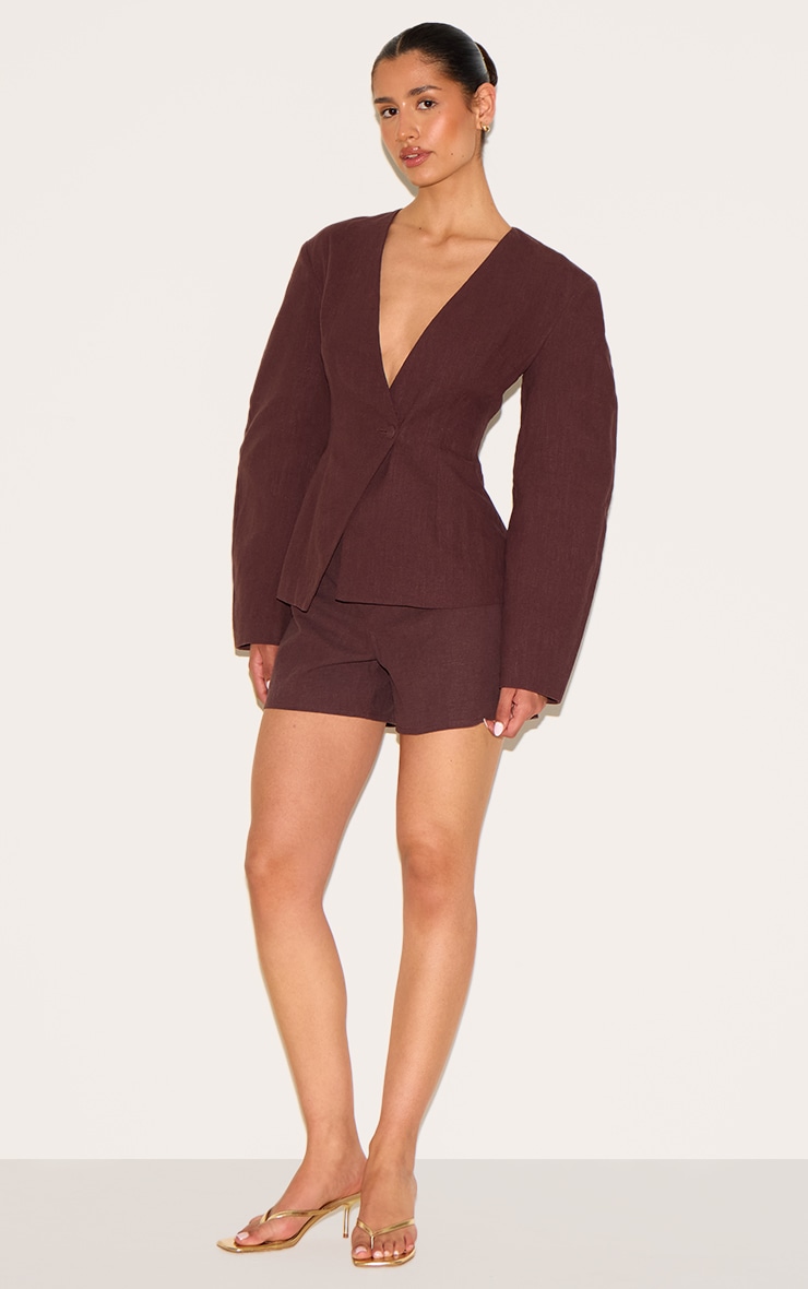 Tall Chocolate Premium Linen Look Tailored Cocoon Sleeve Cinched Blazer image 3