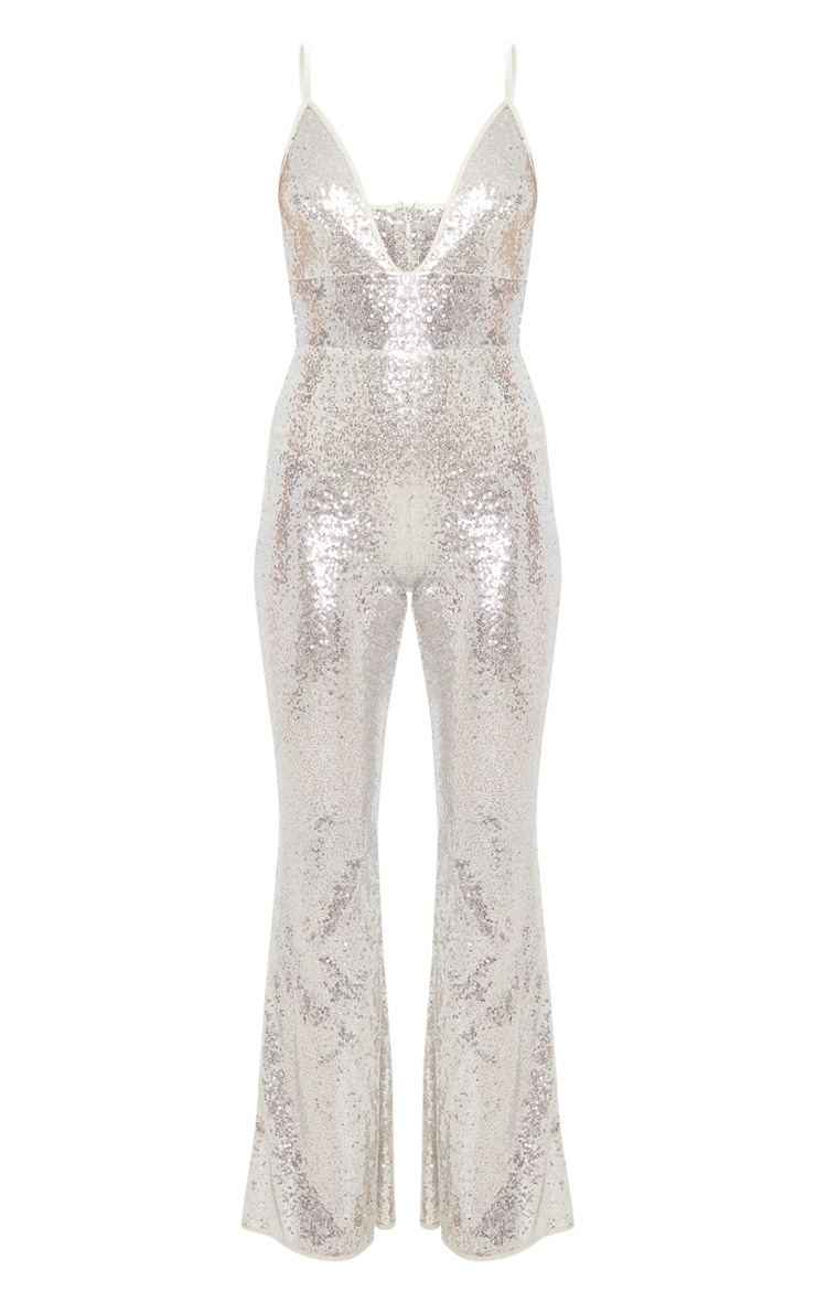Silver Sequin Strappy Plunge Flared Leg Jumpsuit PrettyLittleThing AUS